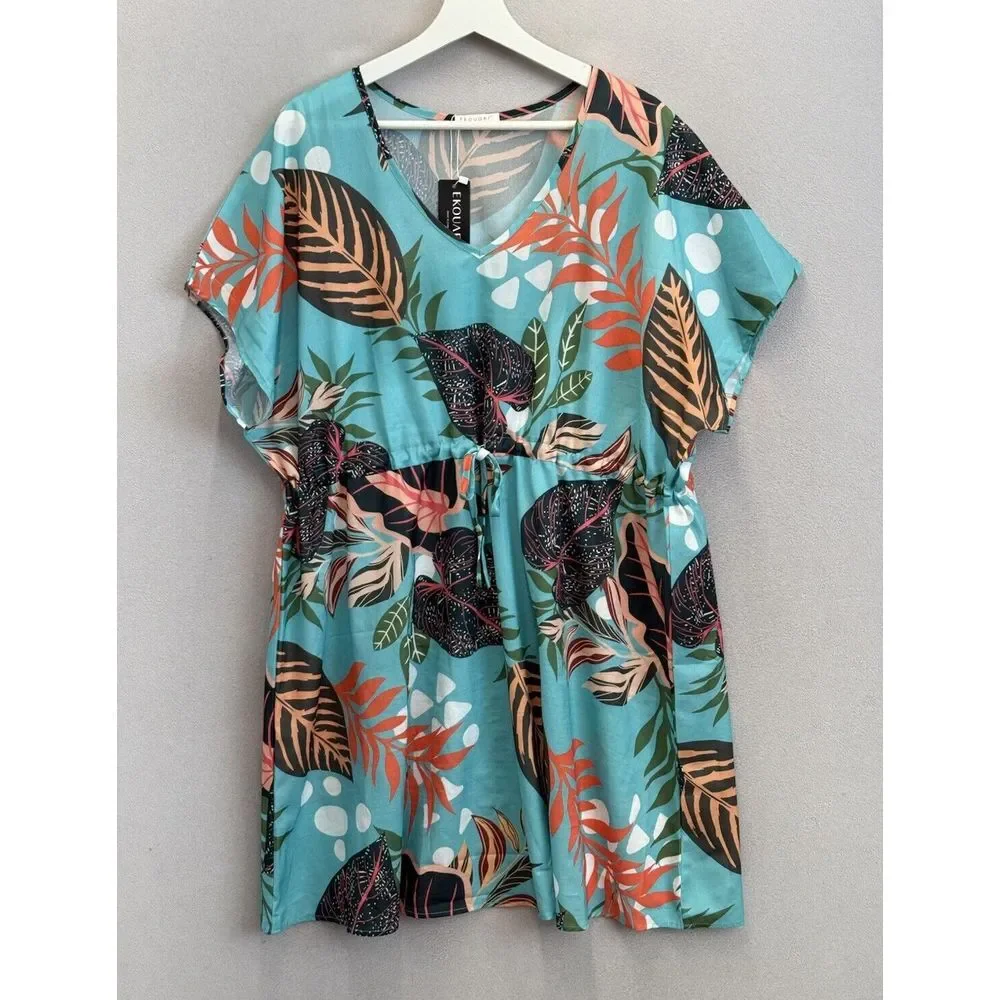 Ekouaer Women's 2XL Blue Floral Print Beach Swimsuit Cover Up V Neck‎ Tie Waist
